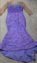 Load image into Gallery viewer, Purple formal beaded high low dress sz 10-12 fitting Disclaimer: needs some dry cleaning, from tail back dragging floor