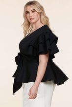 Load image into Gallery viewer, Fasheabe Plus Size Black Ruffle Plunging V-Neck Fit and Flare Top