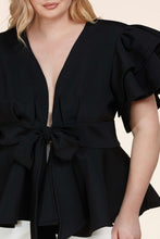 Load image into Gallery viewer, Fasheabe Plus Size Black Ruffle Plunging V-Neck Fit and Flare Top