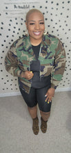 Load image into Gallery viewer, Crop Camo distressed jacket  sz: med-xlrg
