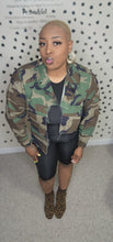 Load image into Gallery viewer, Crop Camo distressed jacket  sz: med-xlrg
