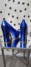 Load image into Gallery viewer, STUART WEITZMAN  METALLIC BLUE PLATFORMS     SZ 9.5, BEST FITTING 8.5
