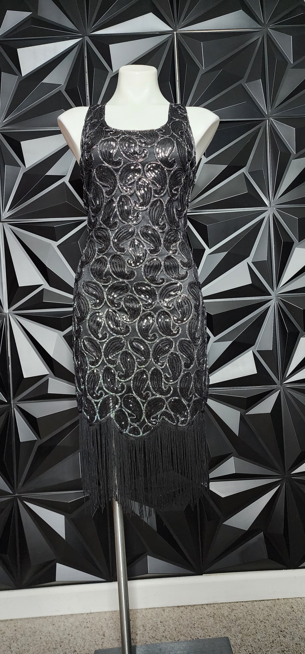 BLACK SEQUIN FRINGE DRESS     SZ MED