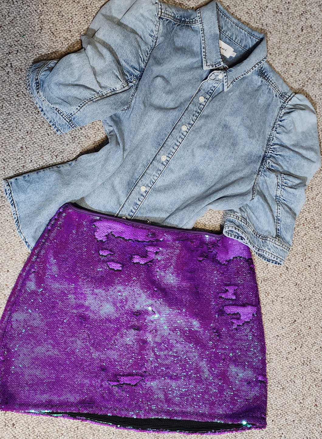 Sequin skirt/denim top   sz lrg, 12