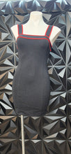 Load image into Gallery viewer, Black and red trim dress         sz med, Best fitting sz small
