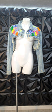 Load image into Gallery viewer, Denim distressed embroidered crop jacket           sz lrg-2x
