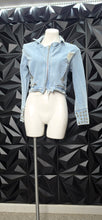 Load image into Gallery viewer, BBJ denim distressed acket           sz med (fitting sm/med)
