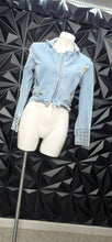 Load image into Gallery viewer, BBJ denim distressed acket           sz med (fitting sm/med)
