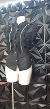 Load image into Gallery viewer, Akira ruffled blouse             sz lrg, best fitting sz medium
