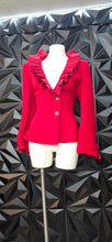 Load image into Gallery viewer, Promise red ruffled blazer            sz 10 Disclaimer: buttons are pinned, need resewing)
