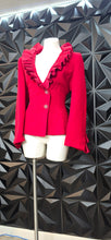 Load image into Gallery viewer, Promise red ruffled blazer            sz 10 Disclaimer: buttons are pinned, need resewing)
