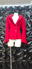 Load image into Gallery viewer, Promise red ruffled blazer            sz 10 Disclaimer: buttons are pinned, need resewing)
