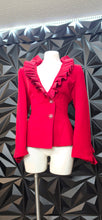 Load image into Gallery viewer, Promise red ruffled blazer            sz 10 Disclaimer: buttons are pinned, need resewing)
