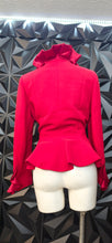 Load image into Gallery viewer, Promise red ruffled blazer            sz 10 Disclaimer: buttons are pinned, need resewing)
