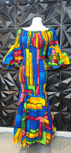 Load image into Gallery viewer, Ankara scrunchy off shoulder flare dress           sz one size (bets fit med-xlrg)
