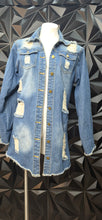 Load image into Gallery viewer, Denim distress jacket              sz med/lrg fitting
