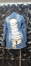 Load image into Gallery viewer, Denim distress jacket              sz med/lrg fitting
