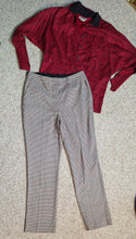 Load image into Gallery viewer, Printed pants/red &amp; black vintage blouse 2 piece set   sz med,8
