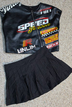 Load image into Gallery viewer, Faux leather vest top/stripe pleated skort    sz large, 10/12
