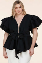Load image into Gallery viewer, Fasheabe Plus Size Black Ruffle Plunging V-Neck Fit and Flare Top
