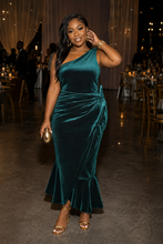 Load image into Gallery viewer, New Asos green crush velvet 1 arm dress          sz 12
