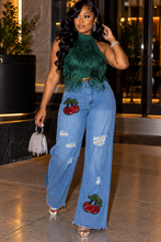 Load image into Gallery viewer, Distress denim applique jean/fringe top 2 piece set  sz 8 fittinf
