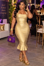 Load image into Gallery viewer, Gold peplum bandage dress                 sz medium, 8/10
