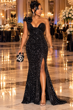 Load image into Gallery viewer, Fashion nova black sequin dress          sz med, best fitting sz small
