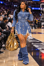 Load image into Gallery viewer, Denim distress jacket w/denim belt       sz lrg, best fit sz med
