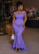 Load image into Gallery viewer, Purple formal beaded high low dress sz 10-12 fitting Disclaimer: needs some dry cleaning, from tail back dragging floor
