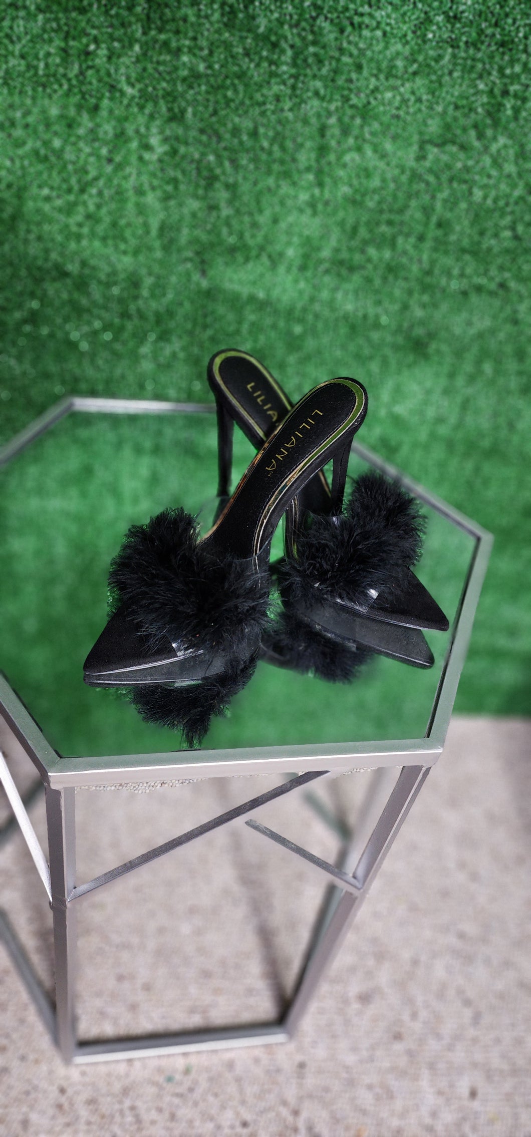 Black fur and clear heels  sz 8.5